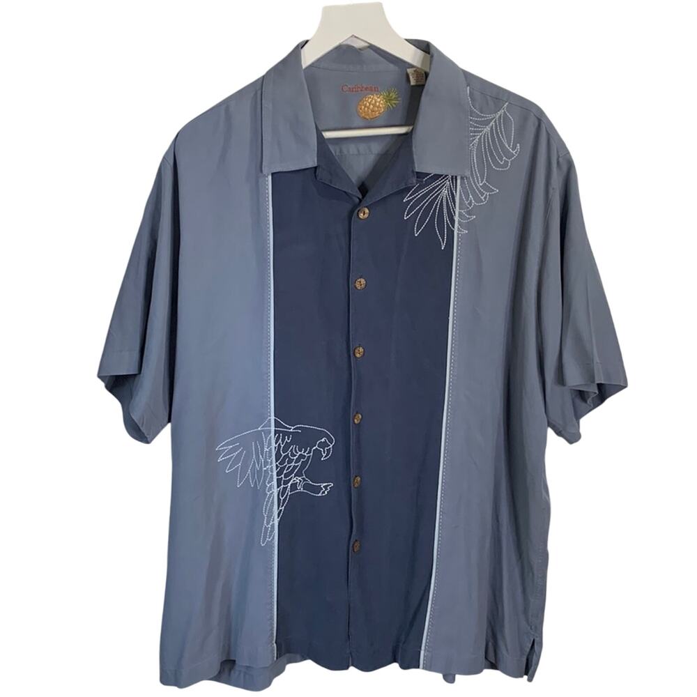 Caribbean Clothing Silk Short Sleeve Hawaiian Tiki Shirt Gray Blue M-073 Sz XL